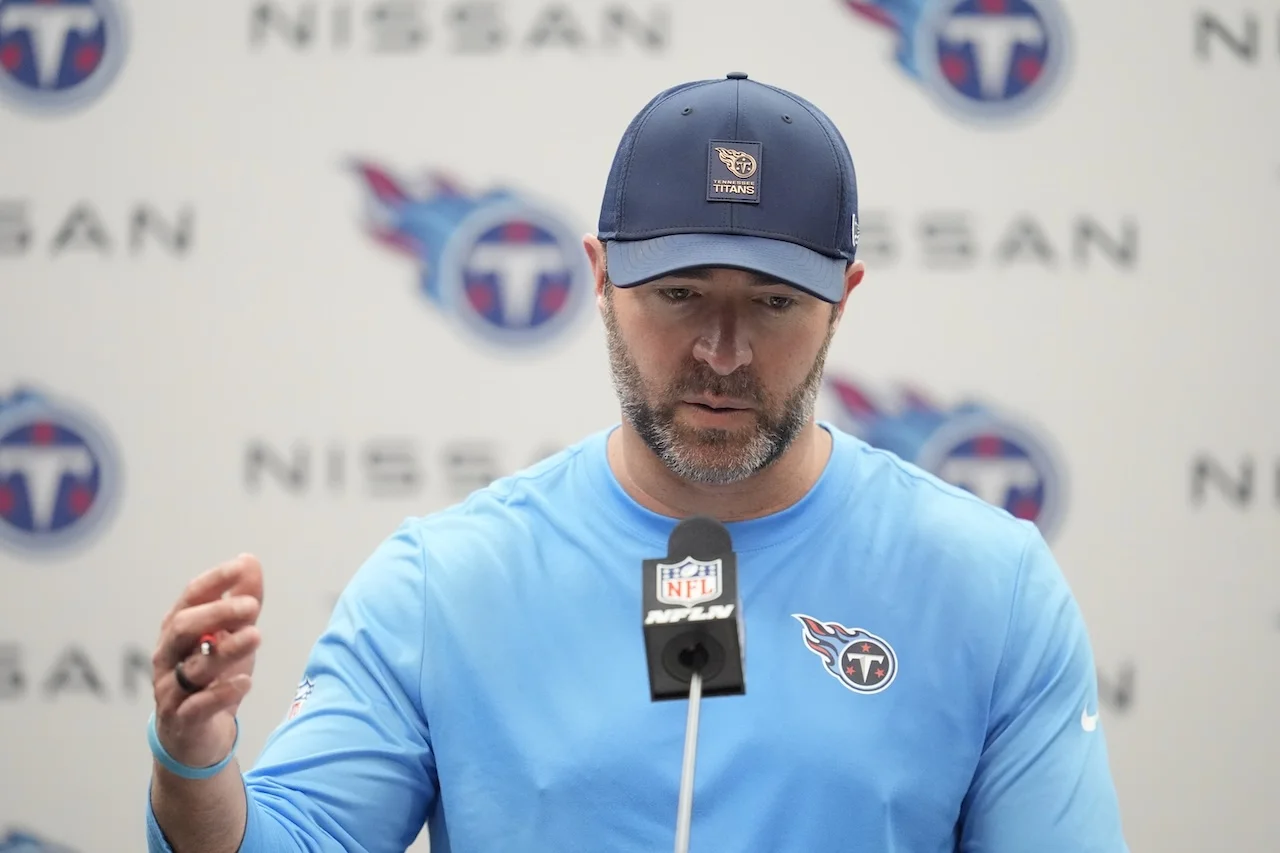  Tennessee Titans head coach Brian Callahan speaks during a news conference after an NFL football game against the Indianapolis Colts, Sunday, Sept. 21, 2025, in Nashville, Tenn. (AP Photo/George Walker IV)