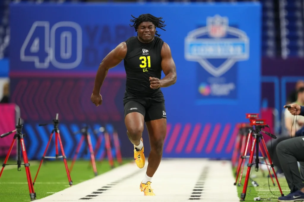 Texas Tech defensive lineman David Bailey (31) runs the 40-yard dash at the NFL football scouting combine in Indianapolis, Thursday, Feb. 26, 2026. (AP Photo/Julio Cortez)