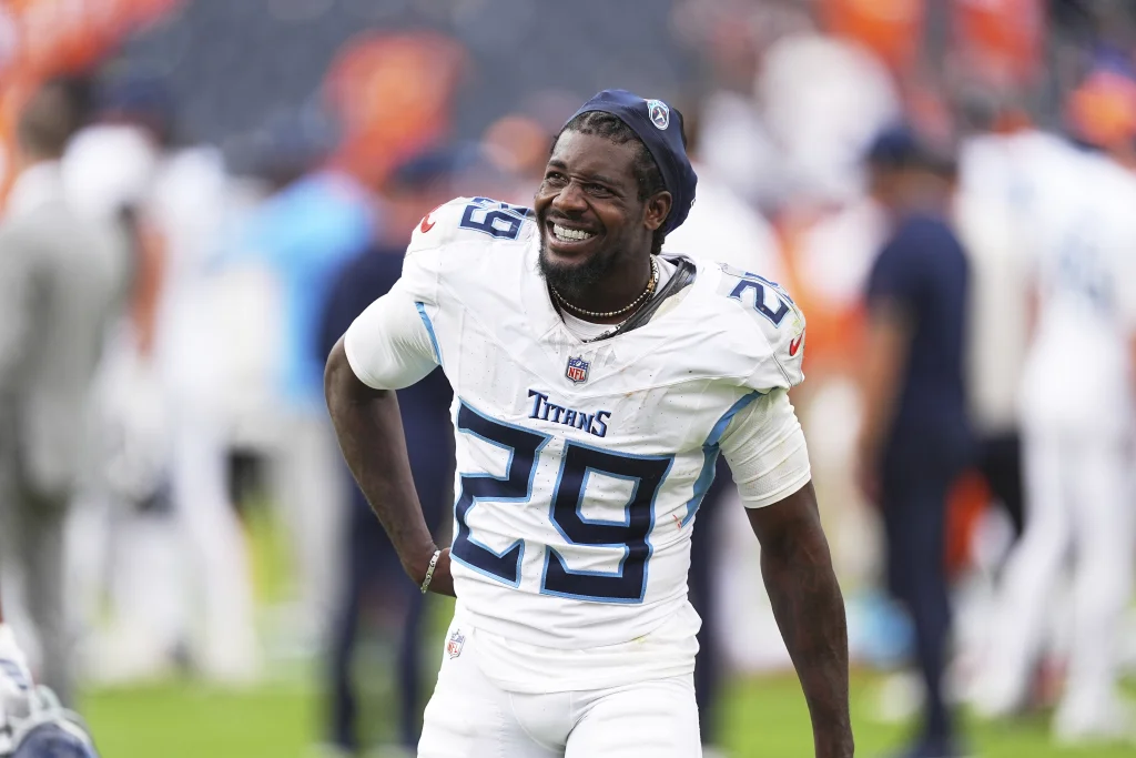 Tennessee Titans cornerback Jarvis Brownlee Jr. (29) in the second half of an NFL football game Sunday, Sept. 7, 2025, in Denver. (AP Photo/David Zalubowski)