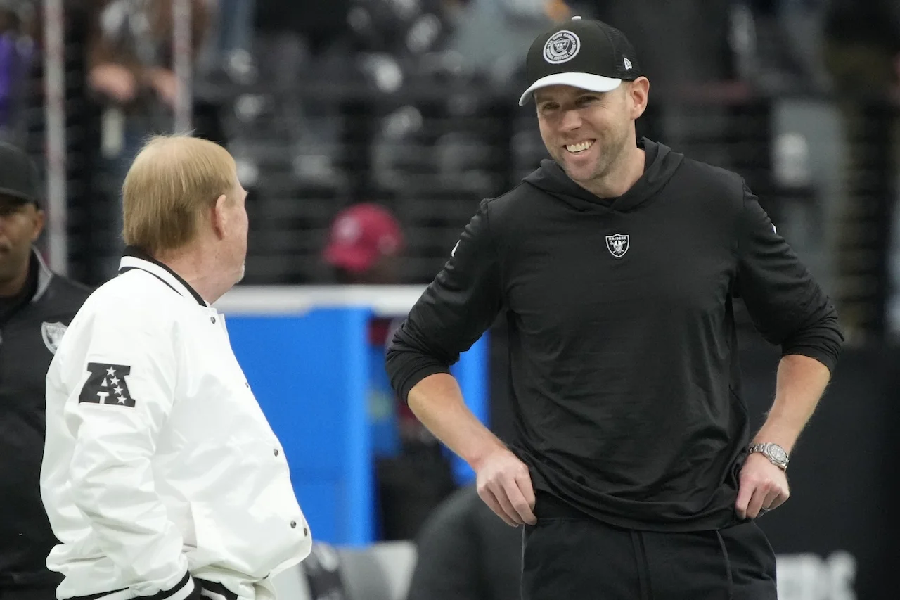 Las Vegas Raiders interim offensive coordinator Bo Hardegree during the first half of an NFL football game against the Minnesota Vikings, Sunday, Dec. 10, 2023, in Las Vegas. (AP Photo/Rick Scuteri)
