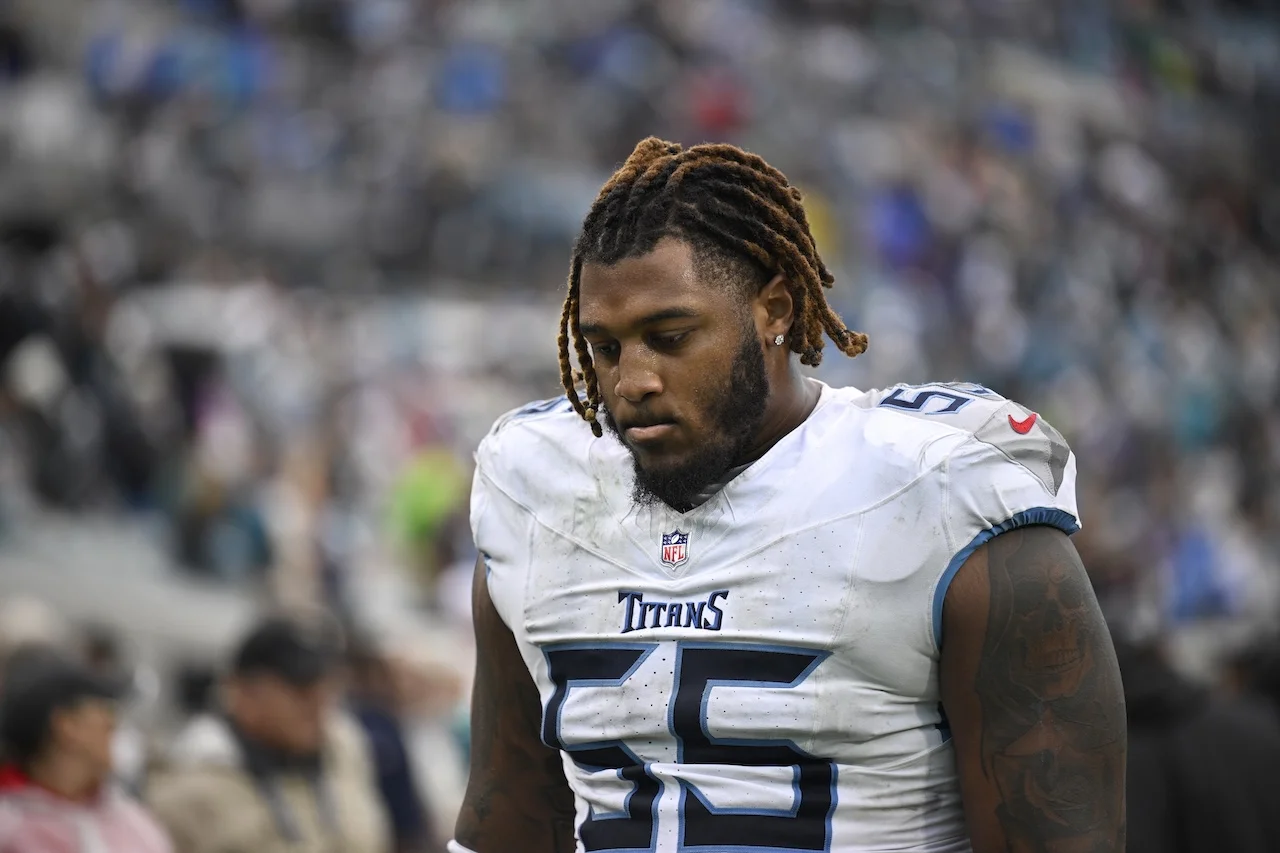 Tennessee Titans offensive tackle JC Latham (55) leaves the field after a loss against the Jacksonville Jaguars in an NFL football game, Sunday, Dec. 29, 2024, in Jacksonville, Fla. (AP Photo/Phelan M. Ebenhack)
