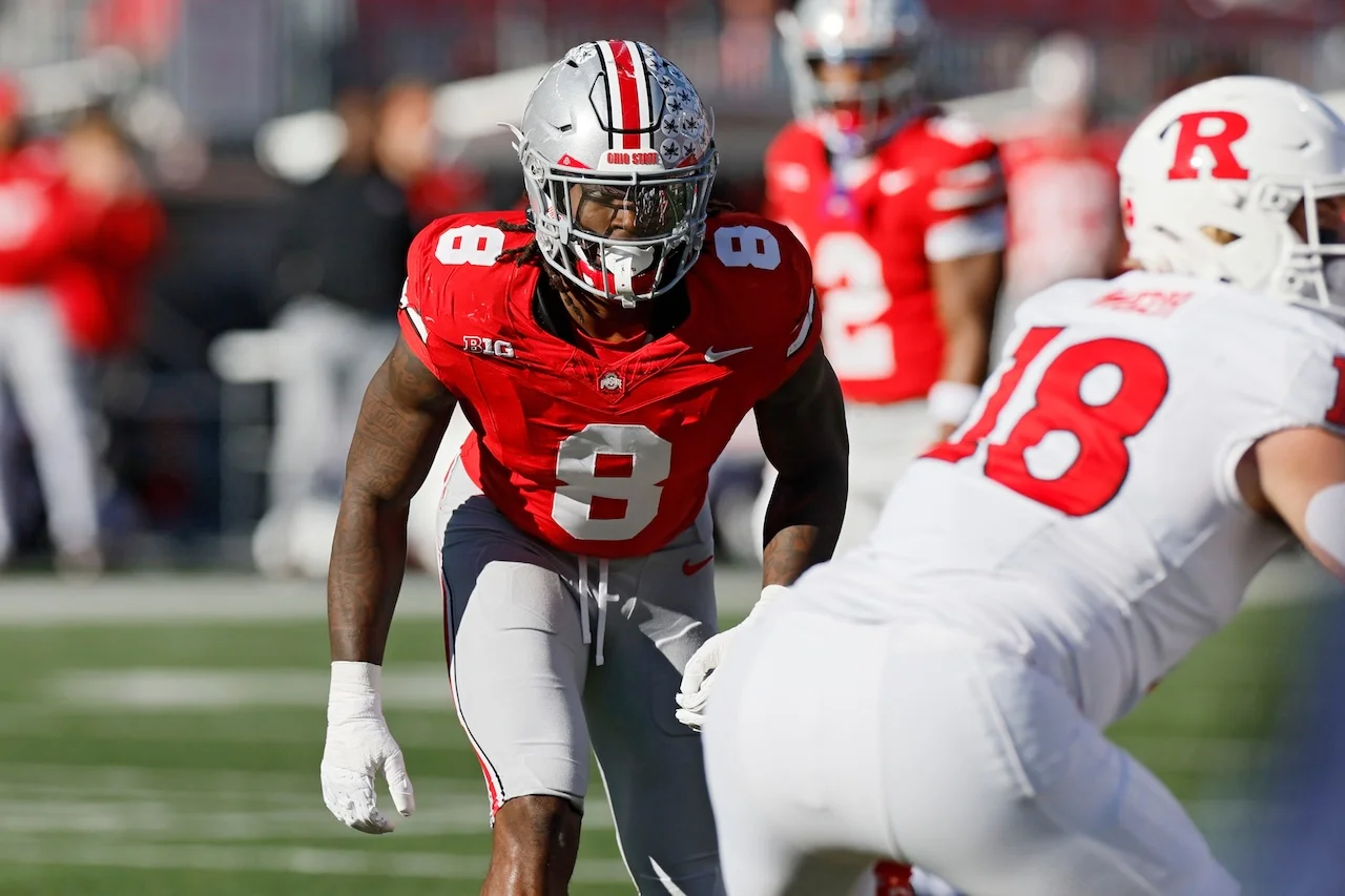 Ohio State linebacker Arvell Reese plays against Rutgers during an NCAA college football game, Saturday, Nov. 22, 2025, in Columbus, Ohio. (AP Photo/Jay LaPrete)