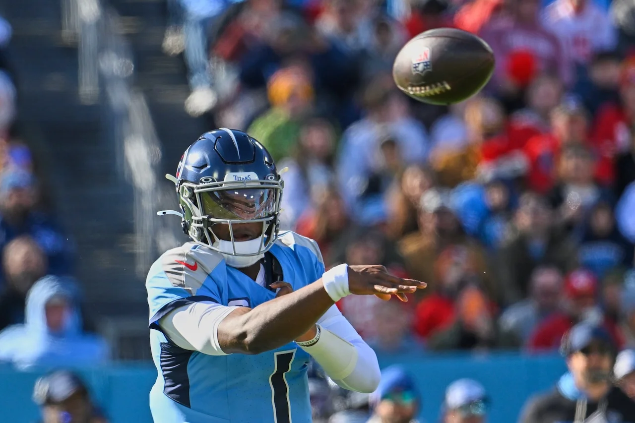 Tennessee Titans quarterback Cam Ward passes during the first half of an NFL football game against the Kansas City Chiefs, Sunday, Dec. 21, 2025, in Nashville, Tenn. (AP Photo/John Amis)