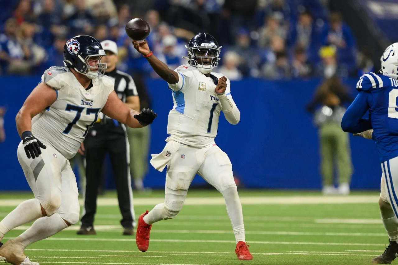 Tennessee Titans quarterback Cam Ward (1) throws a pass during an NFL football game against the Indianapolis Colts, Sunday, Oct. 26, 2025, in Indianapolis. (AP Photo/Zach Bolinger)