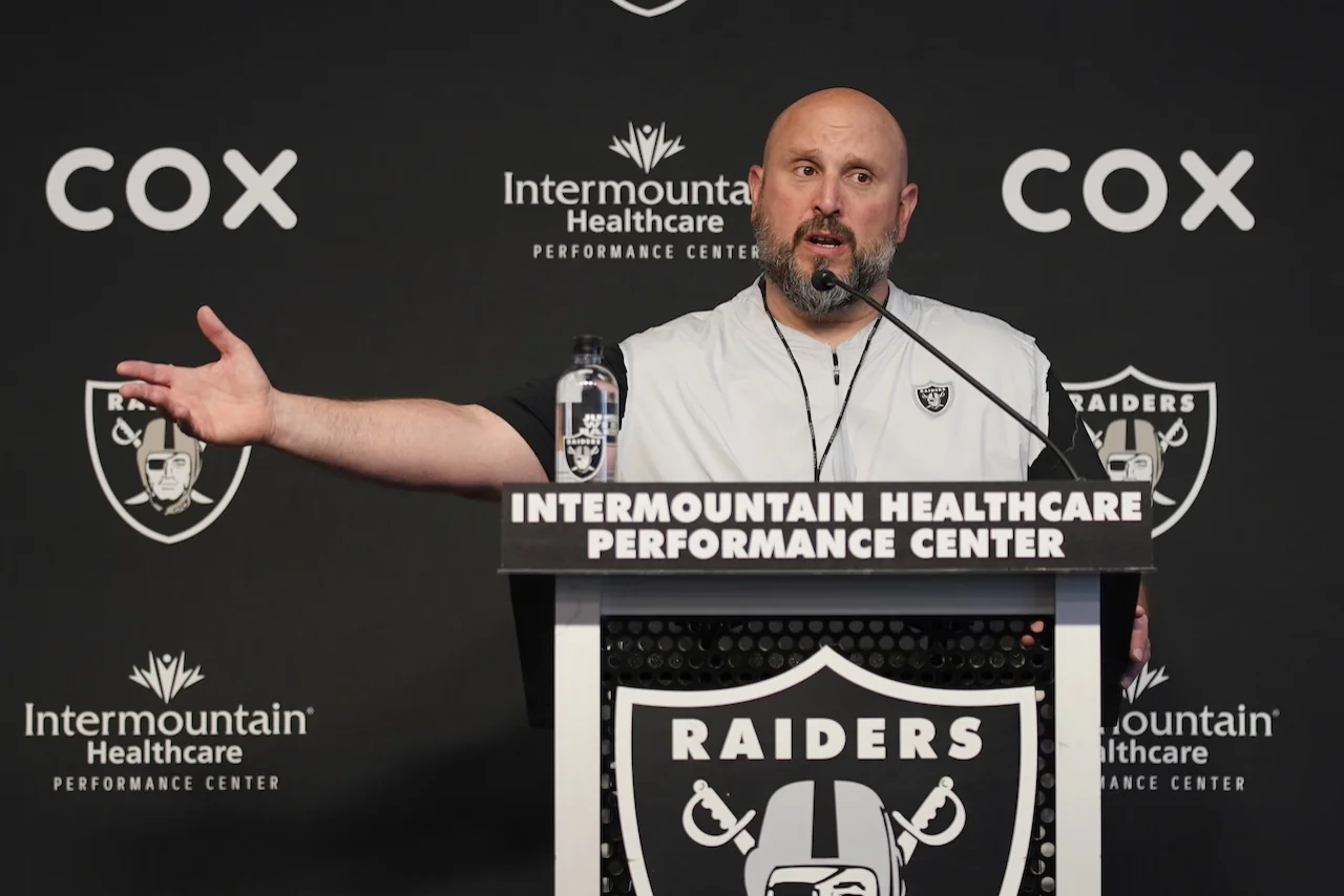 Las Vegas Raiders offensive line coach Carmen Bricillo speaks during a news conference at the NFL football team's practice facility Thursday, June 2, 2022, in Henderson, Nev. (AP Photo/John Locher)