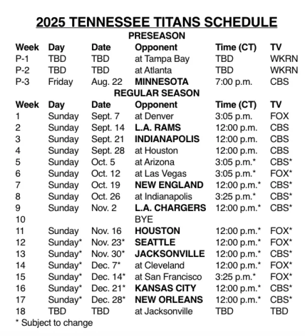 Titans Schedule