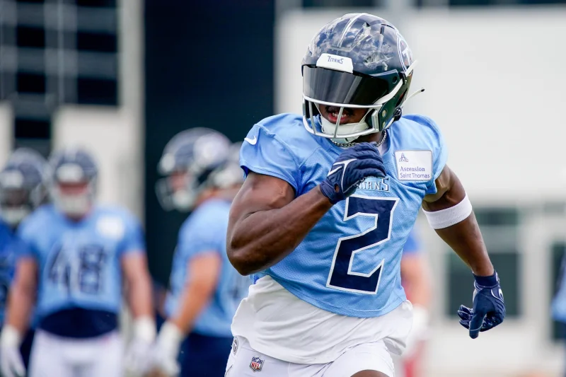 Tennessee Titans linebacker Azeez Al-Shaair (2) runs during an OTA practice at Ascension Saint Thomas Sports Park in Nashville, Tenn., Wednesday, May 31, 2023.