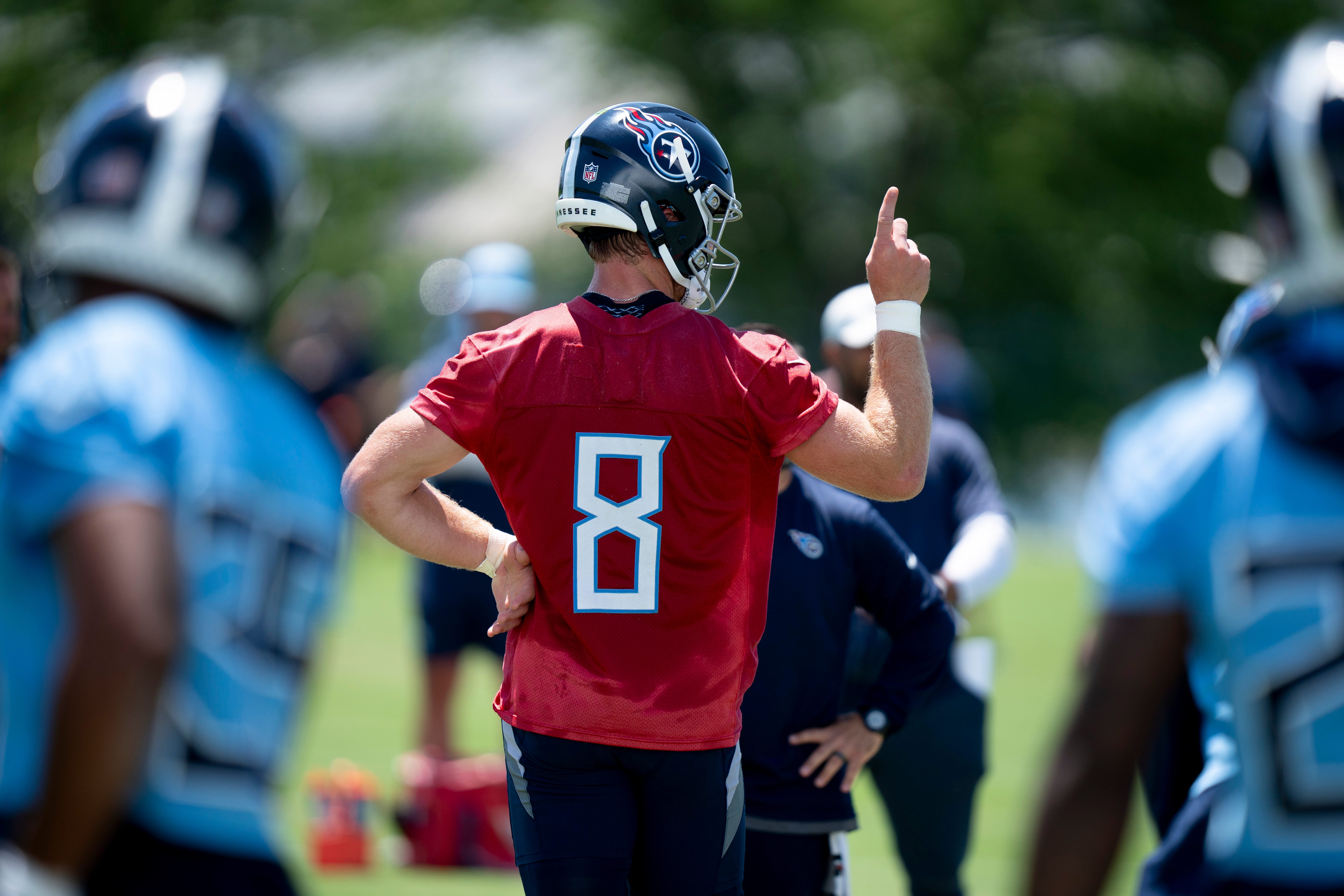 Quarterback Will Levis (8) runs through drills during Tennessee Titans practice at Ascension Saint Thomas Sports Park in Nashville, Tenn., Tuesday, May 21, 2024.