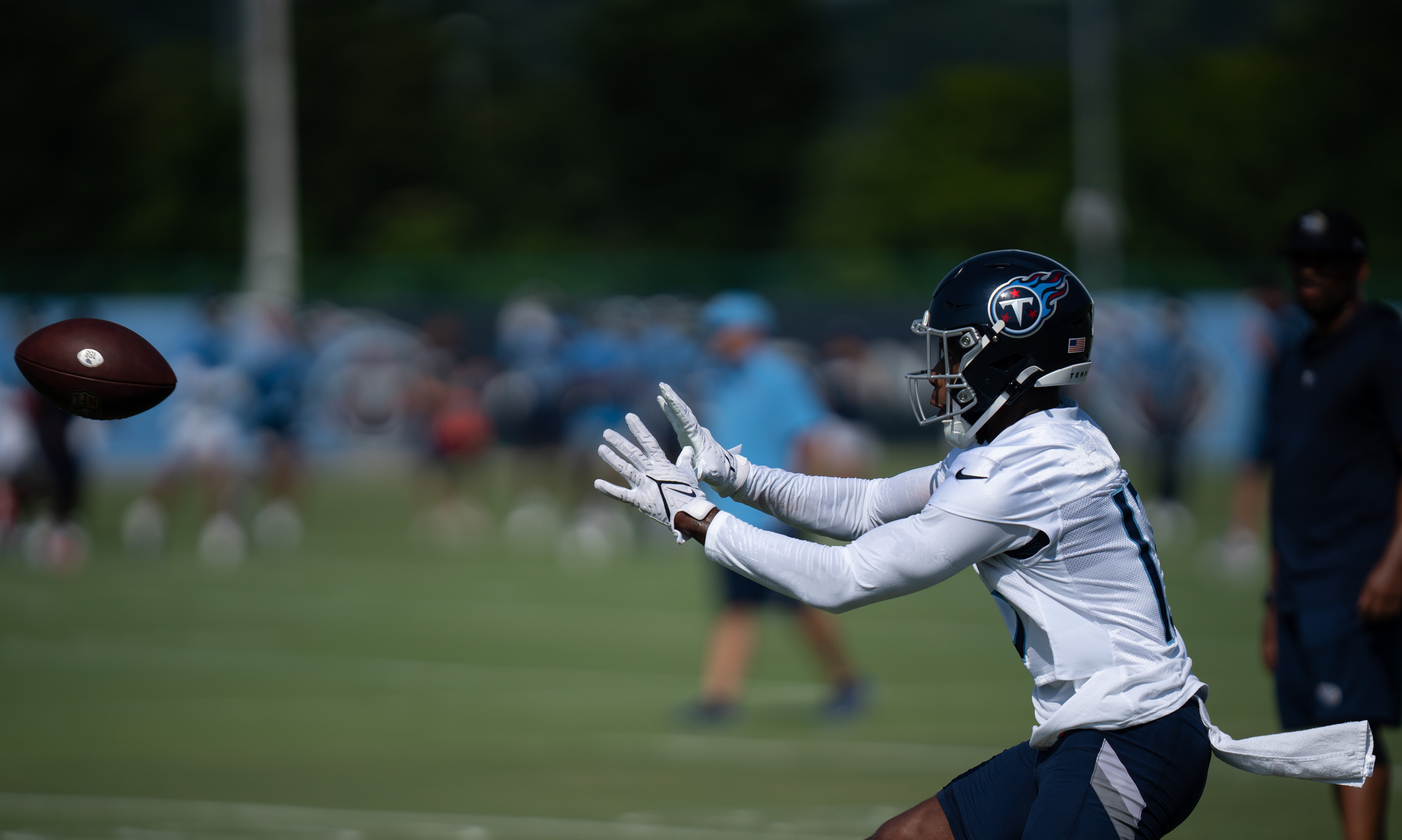 Jul 28, 2023; Nashville, Tennessee, USA; Tennessee Titans wide receiver Racey McMath catches a pass during preseason training at Ascension Saint Thomas Sports Park. Mandatory Credit: Denny Simmons/The Tennessean-USA TODAY Sports