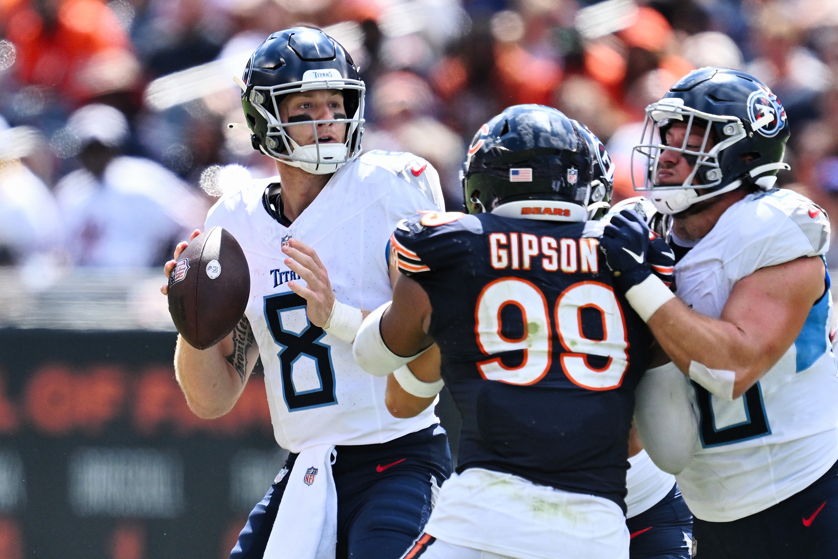 Aug 12, 2023; Chicago, Illinois, USA; Tennessee Titans quarterback Will Levis (8) looks to pass in the second half against the Chicago Bears at Soldier Field. Mandatory Credit: Jamie Sabau-USA TODAY Sports