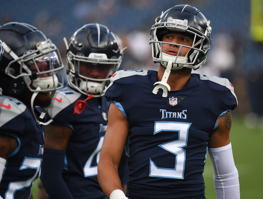 Aug 28, 2021; Nashville, TN, USA; Tennessee Titans corner back Caleb Farley (3) before the game against the Chicago Bears at Nissan Stadium. Mandatory Credit: Christopher Hanewinckel-USA TODAY Sports